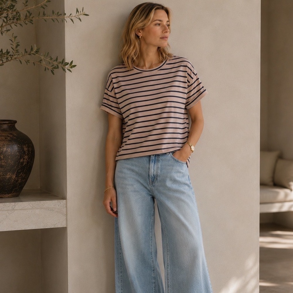 Current Elliott Sailor Striped Tee Womens 1 Pink Navy Boxy Cropped Rolled Sleeve
